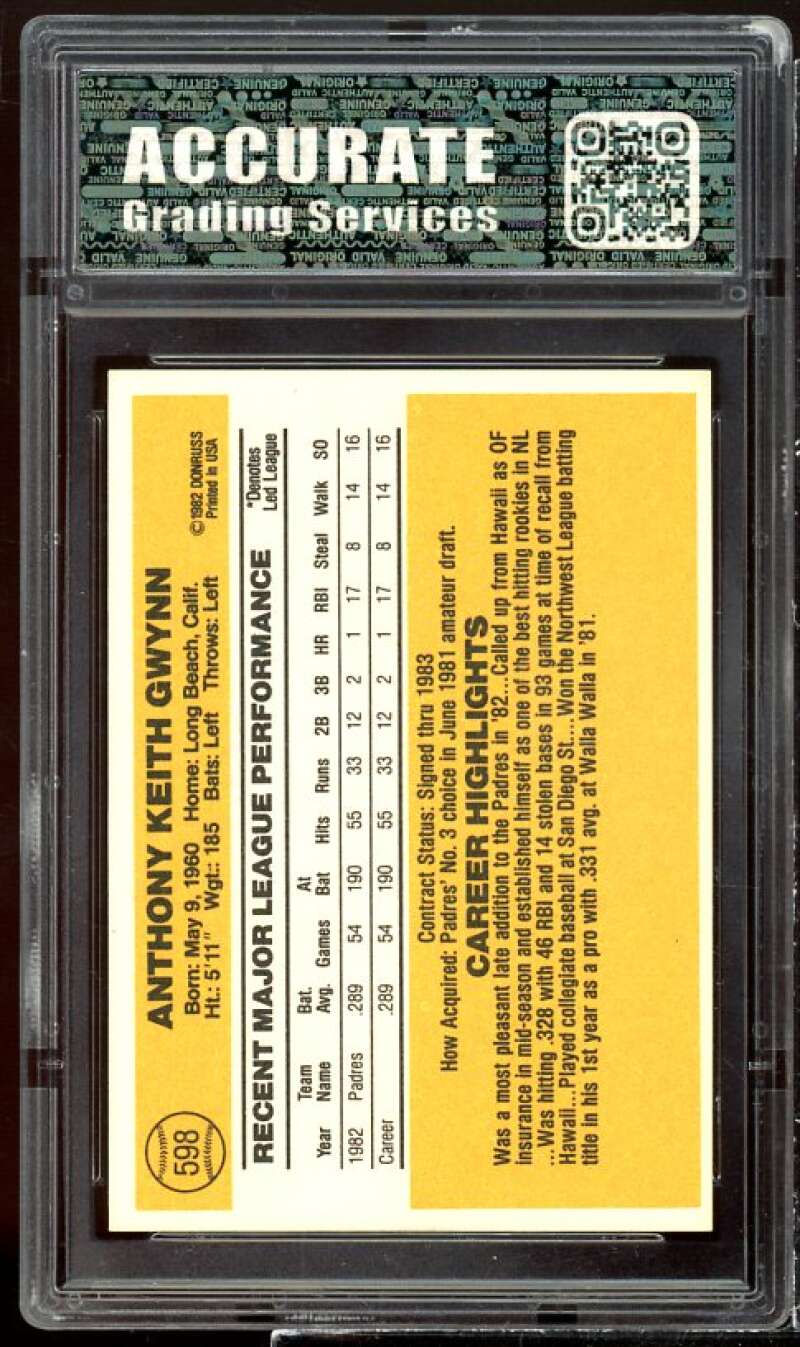 Tony Gwynn Rookie Card 1983 Donruss #598 AGS 10 MINT Image 2