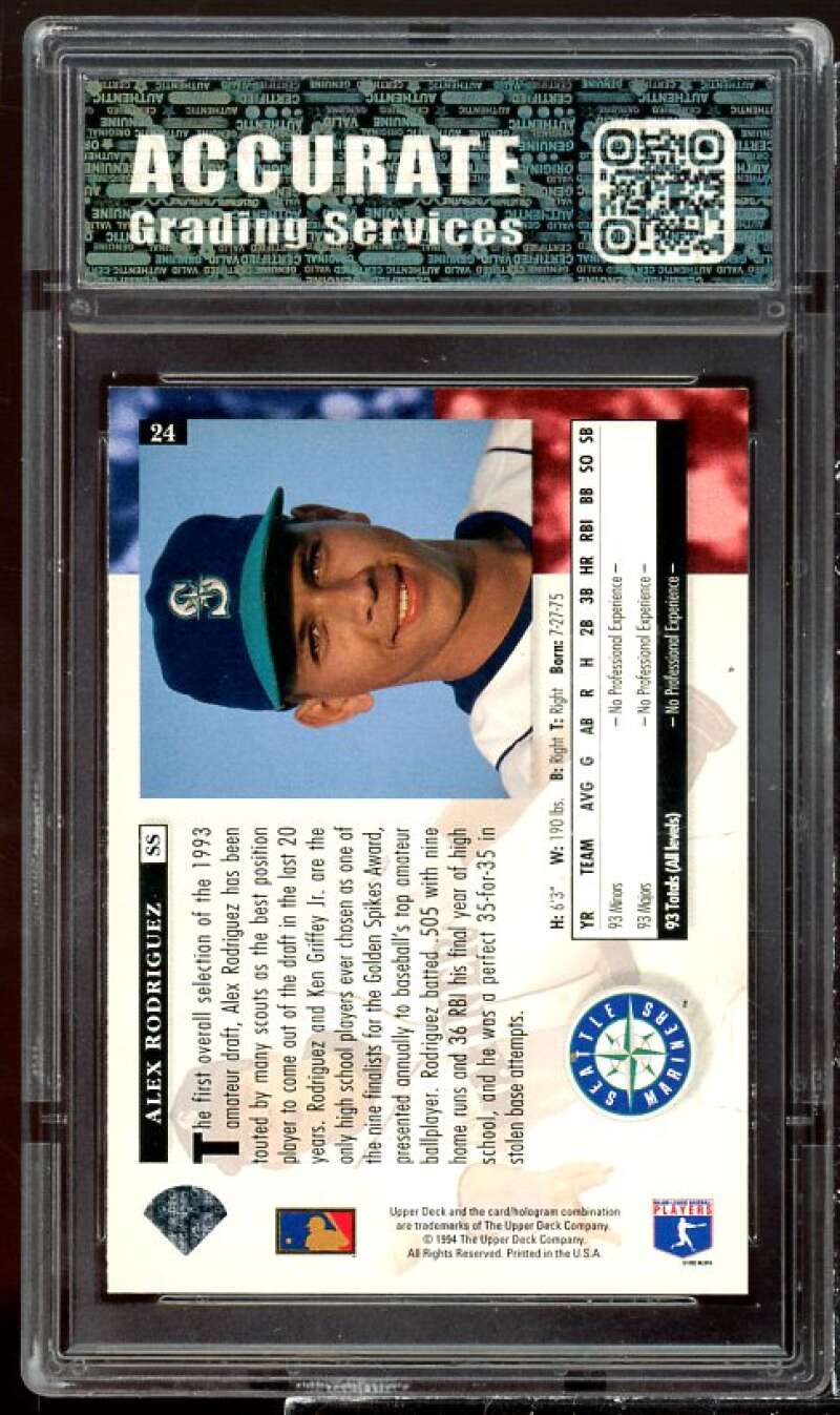 Alex Rodriguez Rookie Card 1994 Upper Deck #24 AGS 10 GEM MT Image 2