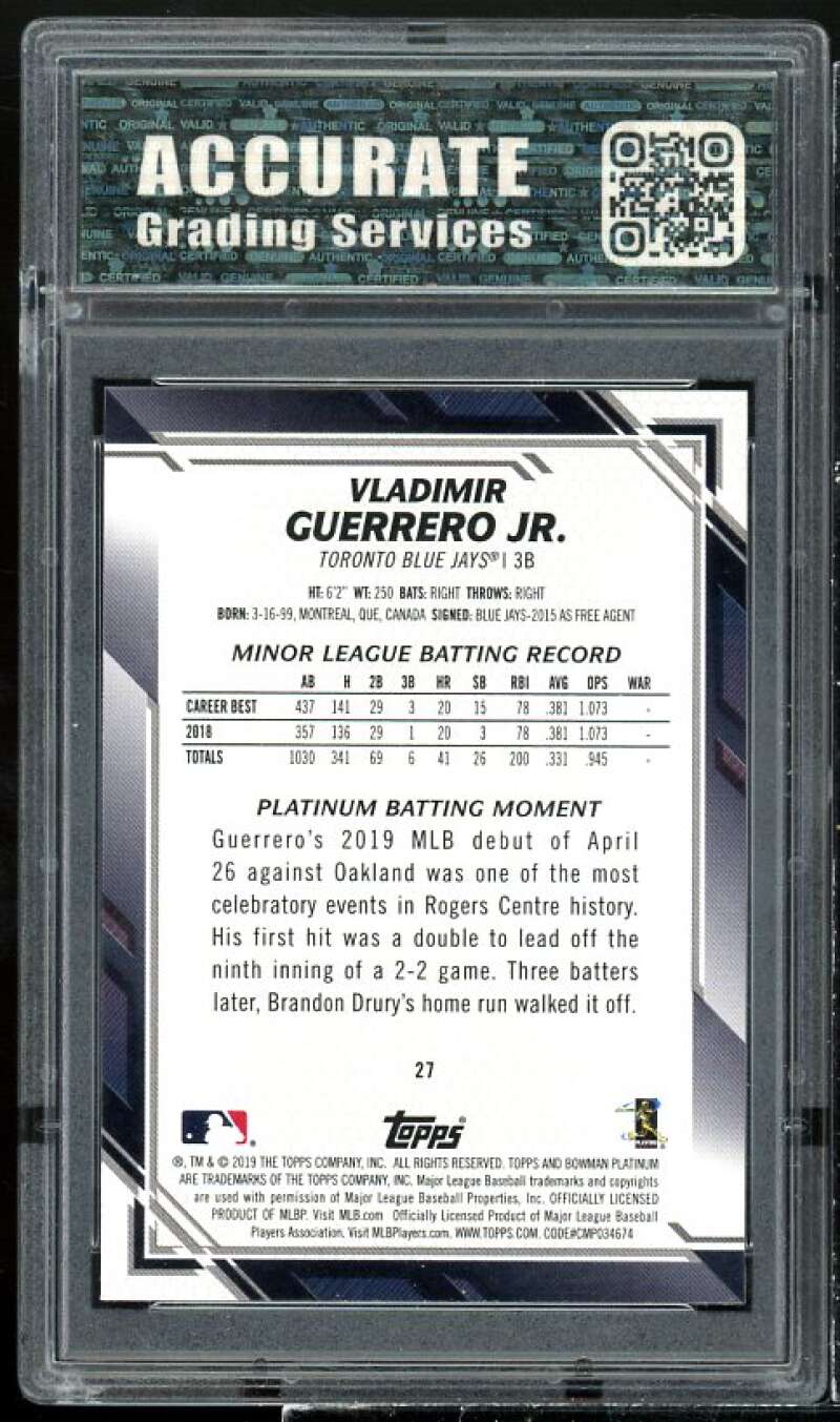 Vladimir Guerrero Jr Rookie Card 2019 Bowman Platinum #27 AGS 10 GEM MT Image 2