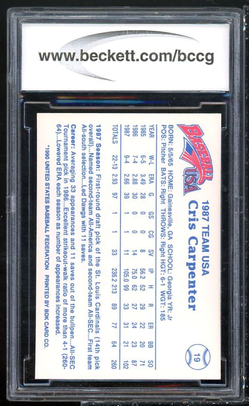 Cris Carpenter Rookie Card 1987 Pan Am Team USA Red BDK #19 BGS BCCG 9 Image 2