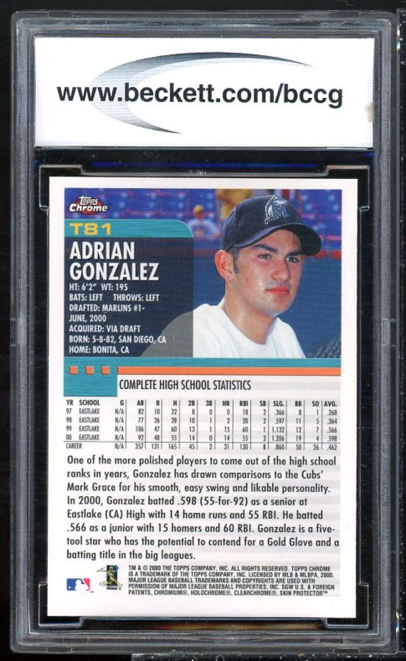 Adrian Gonzalez Rookie Card 2000 Topps Chrome Traded #T81 BGS BCCG 9 Image 2