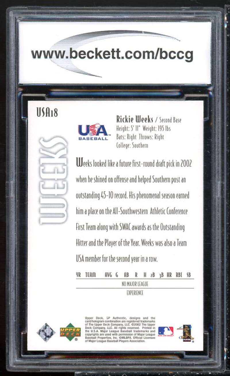 Rickie Weeks Rookie Card 2002 SP Authentic USA Future Watch #USA18 BGS BCCG 10 Image 2