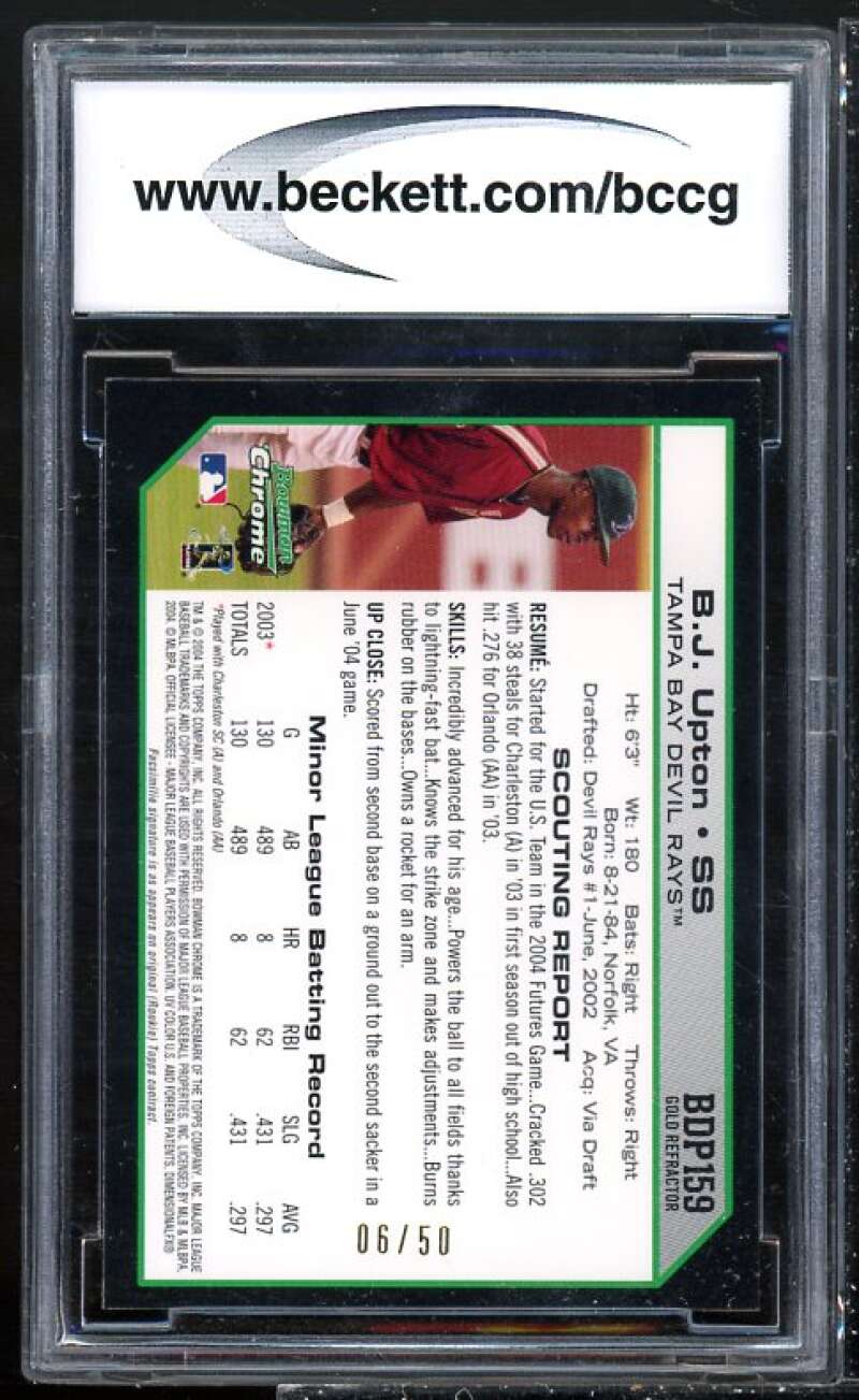 B.J. Upton Rookie Card 2004 Bowman Chrome Draft Gold Refractors #159 BGS BCCG 10 Image 2