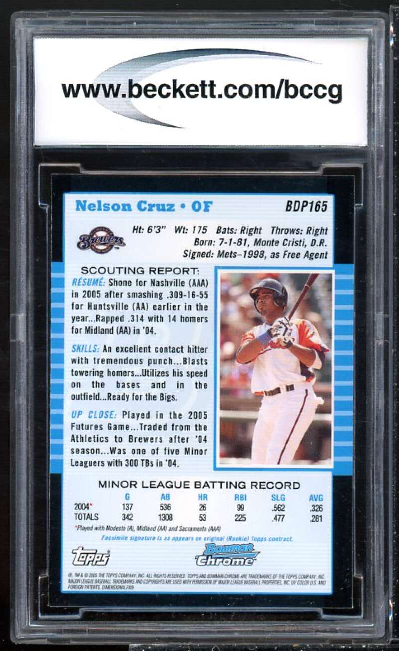 Nelson Cruz Rookie Card 2005 Bowman Chrome Draft #165 BGS BCCG 10 Image 2