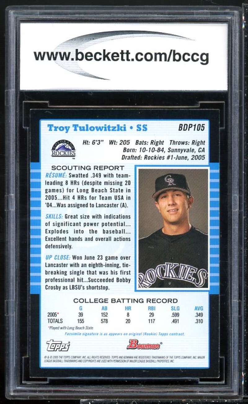 Troy Tulowitzki 2005 Topps #BDP105 Autographed Bowman Chrome Rookie Ca