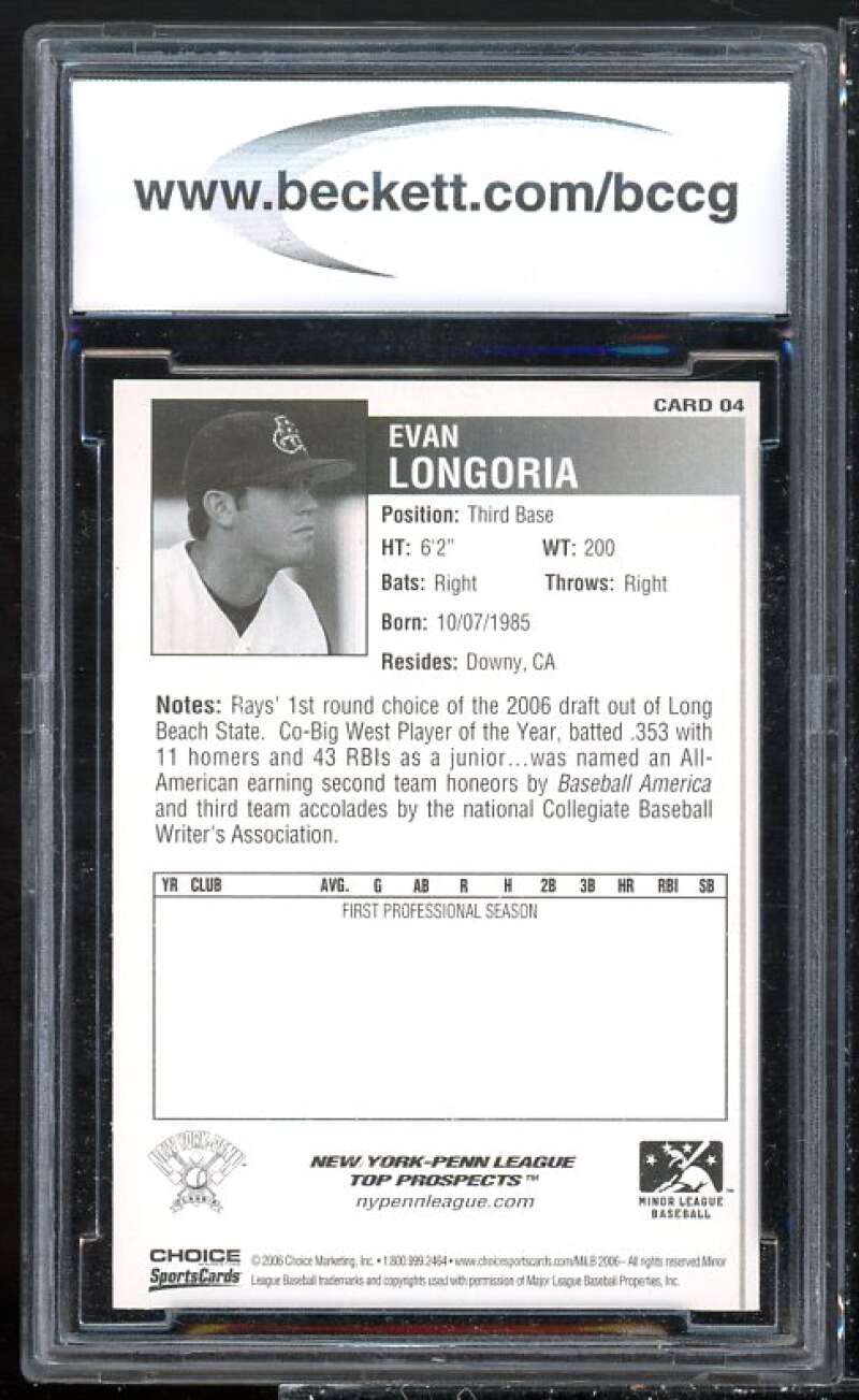 Evan Longoria Rookie Card 2006 NY Penn League Top Prospects Choice #4 BGS BCCG 9 Image 2