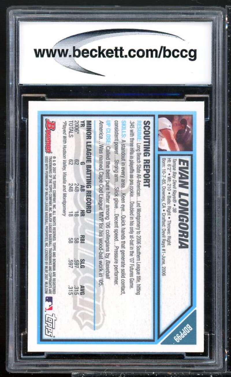 Evan Longoria RC 2007 Bowman Draft Future's Game Pros Gold #BDPP99 BGS BCCG 10 Image 2