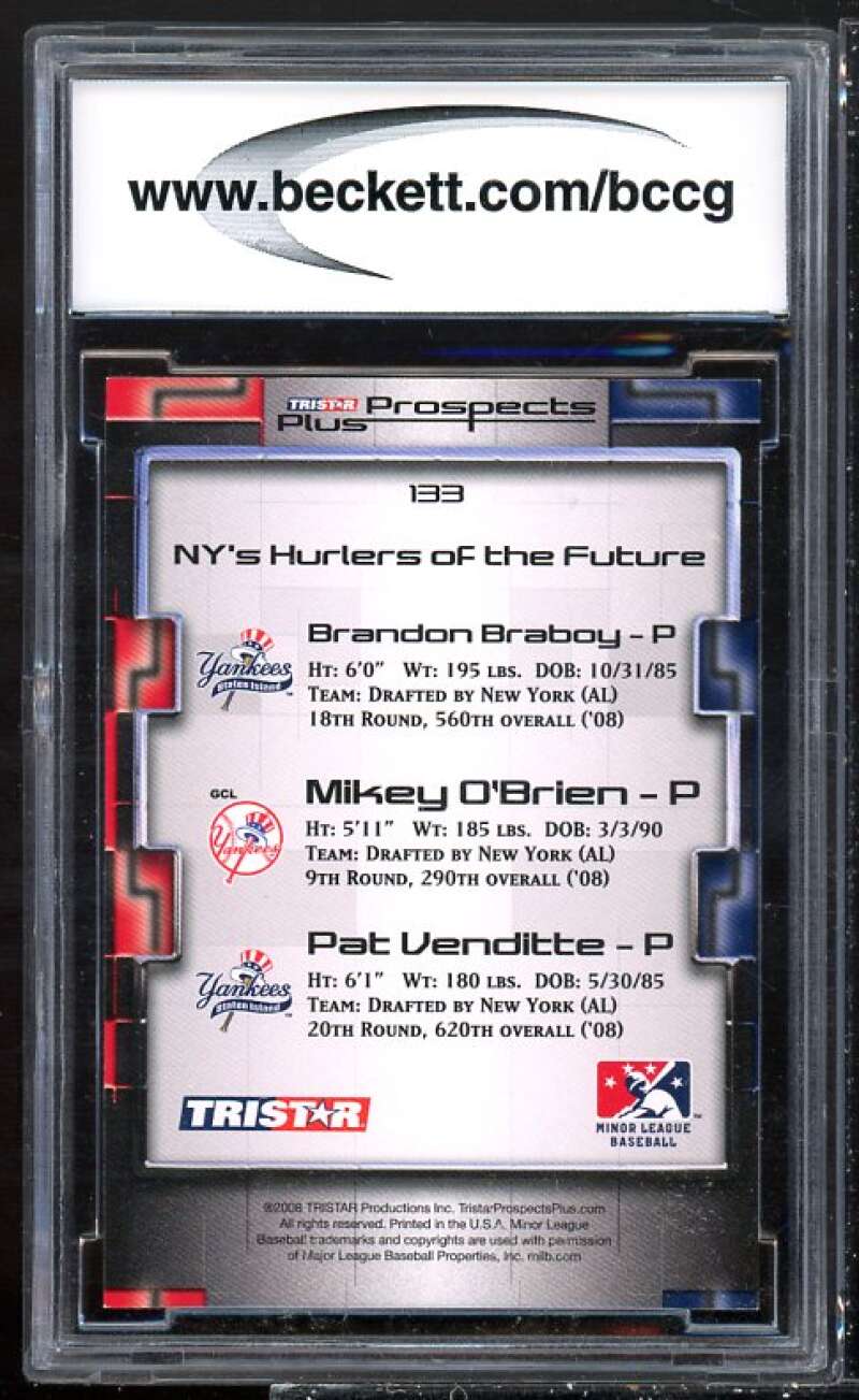 O'Brien/Braboy/Pat Venditte Rookie 2008 TriStar Prospects Plus #133 BGS BCCG 10 Image 2