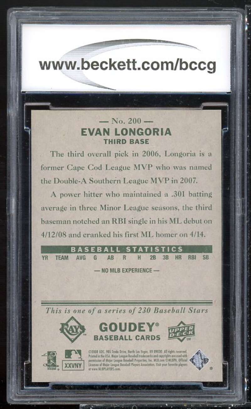 Evan Longoria Rookie Card 2008 UD Goudey #200 BGS BCCG 10 Image 2