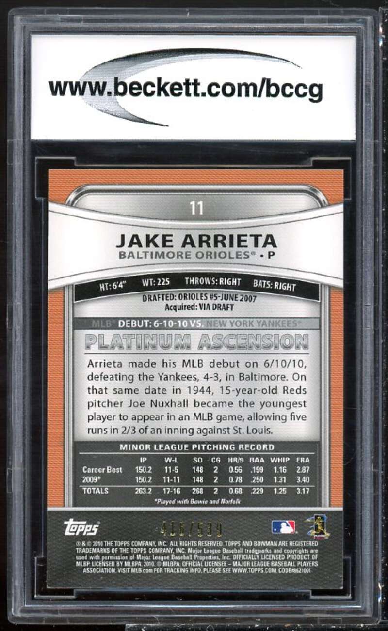 Jake Arrieta Rookie Card 2010 Bowman Platinum Gold Refractors #11 BGS BCCG 9 Image 2