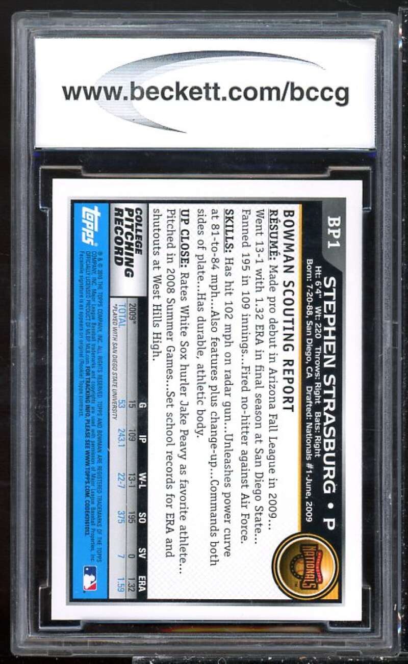 Stephen Strasburg Rookie Card 2010 Bowman Prospects Black #BP1 BGS BCCG 10 Image 2