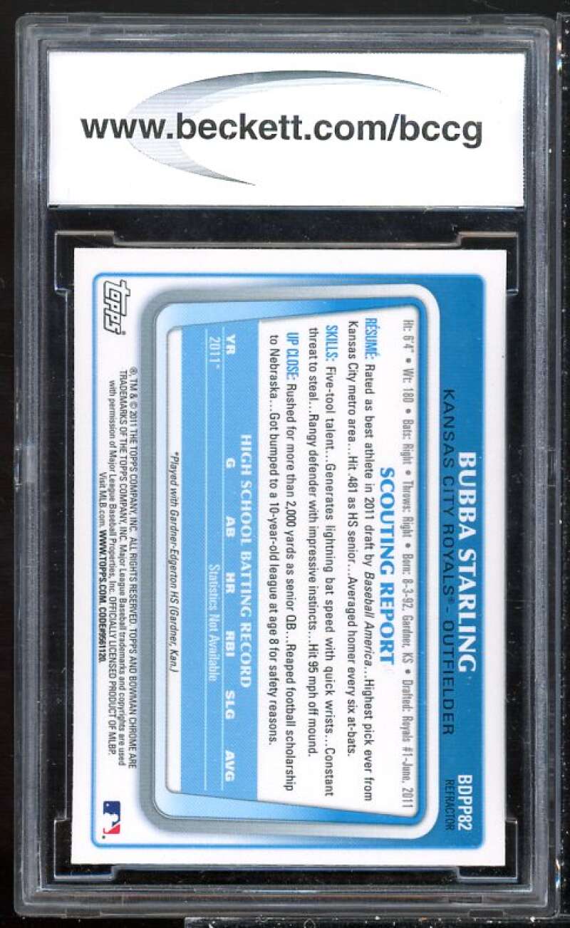 Bubba Starling Rookie 2011 Bowman Chrome Draft Prospects Ref #82 BGS BCCG 10 Image 2