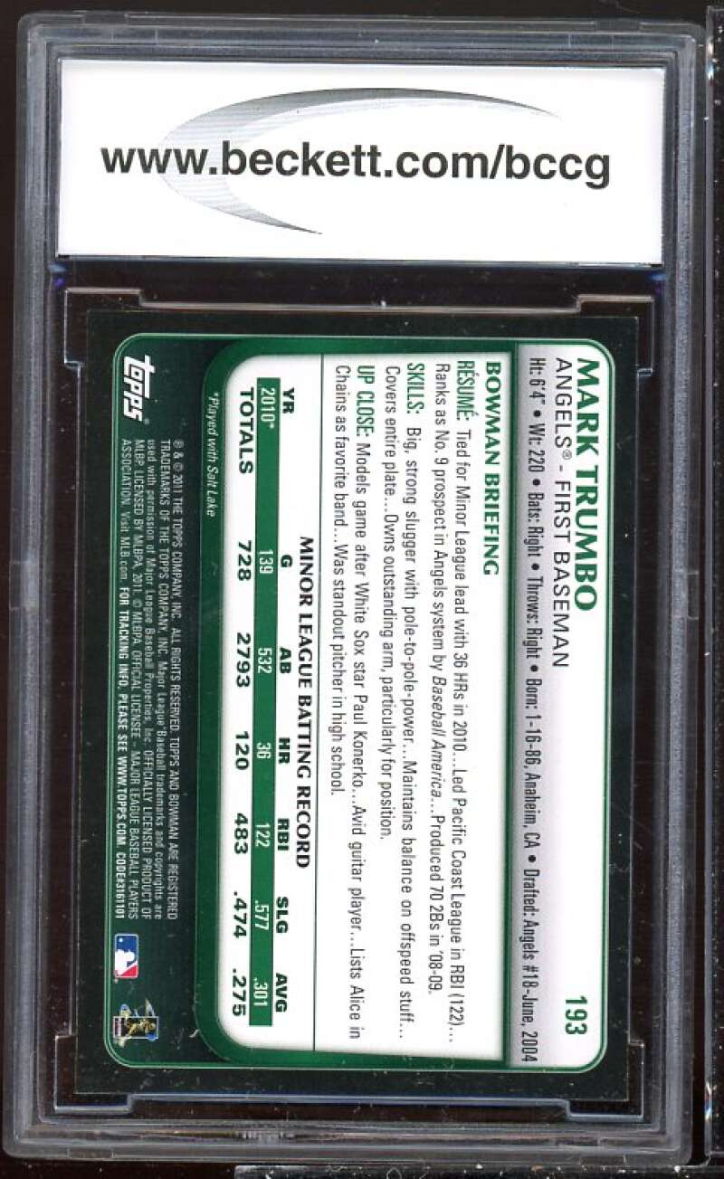 Mark Trumbo Rookie Card 2011 Bowman Gold#193 BGS BCCG 10 Image 2