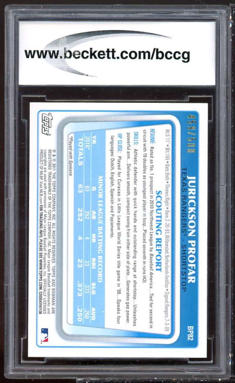 Jurickson Profar Rookie Card 2011 Bowman Prospects Blue #BP82 BGS BCCG 10 Image 2