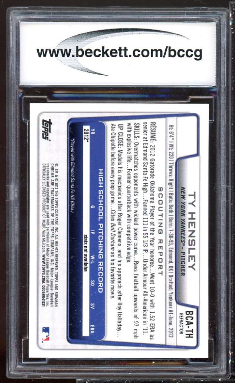 Ty Hensley Rookie 2012 Bowman Chrome Draft Picks Auto Refractor #TH BGS BCCG 10 Image 2