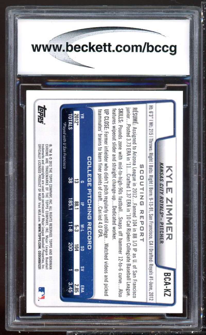 Kyle Zimmer Rookie 2012 Bowman Chrome Draft Picks Autographs #KZ BGS BCCG 10 Image 2