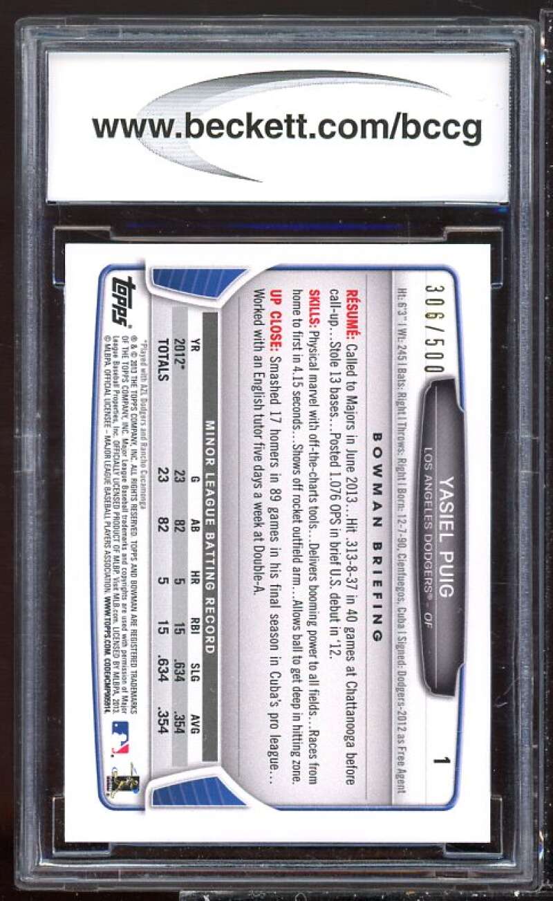 Yasiel Puig Rookie Card 2013 Bowman Draft Blue #1 BGS BCCG 9 Image 2