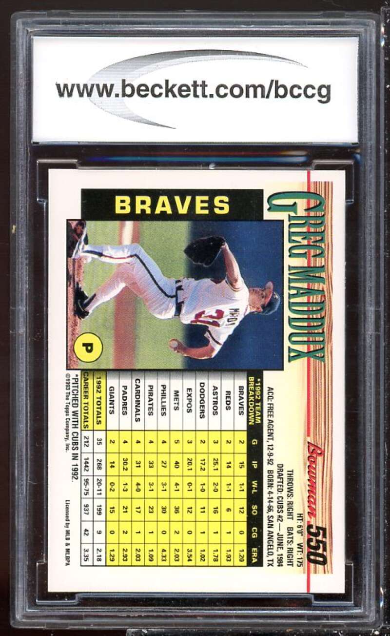 Greg Maddux Card 1993 Bowman #550 BGS BCCG 10 Image 2