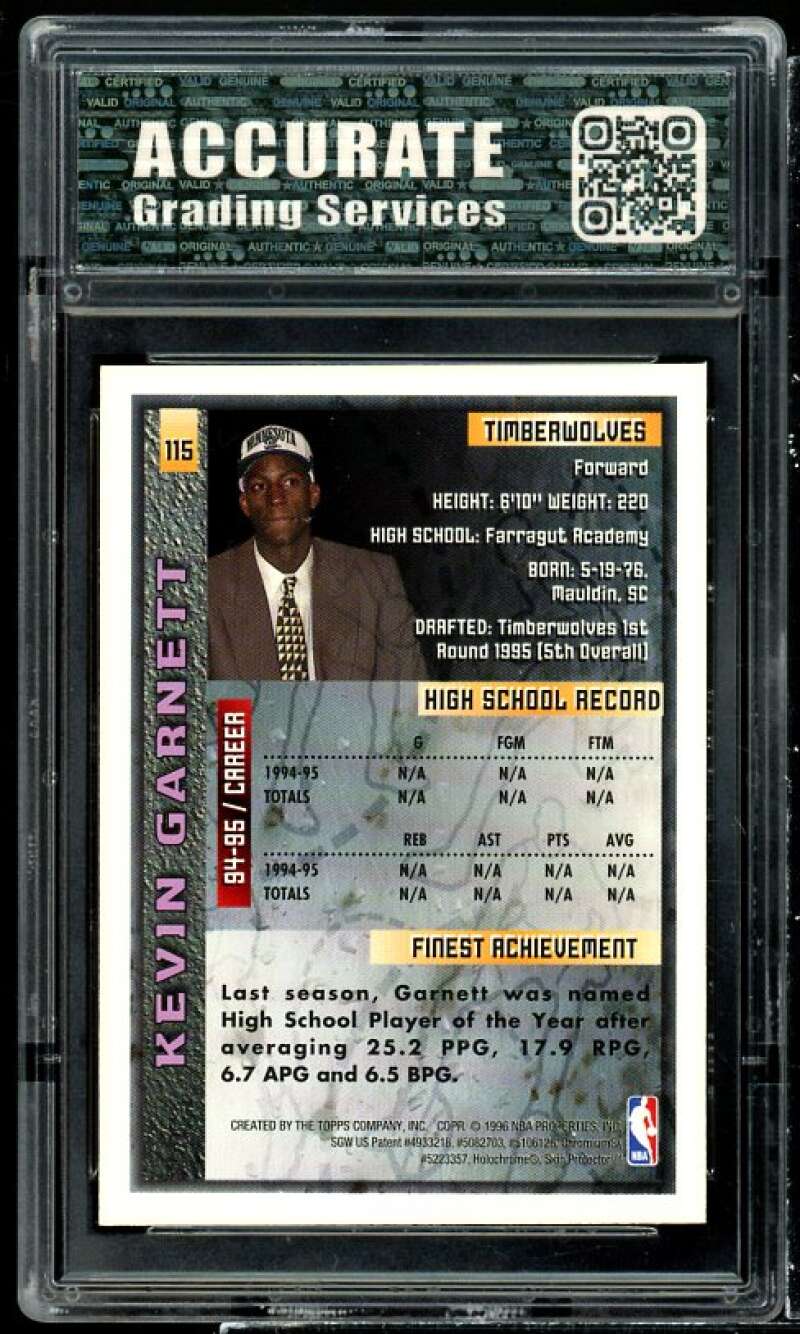 Kevin Garnett Rookie Card 1995-96 Topps Finest #115 AGS 9 MINT Image 2