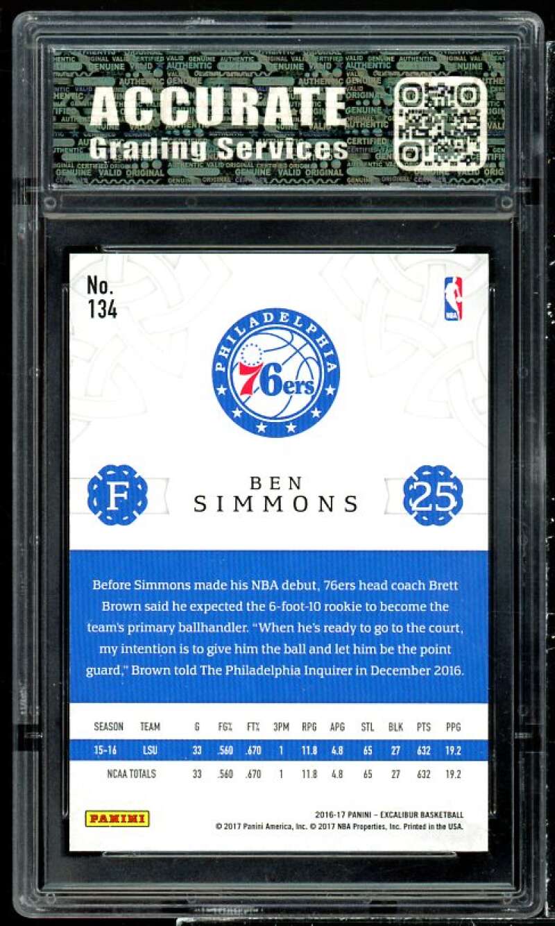 Ben Simmons Rookie Card 2016-17 Panini Excalibur #134 AGS 10 GEM MT Image 2