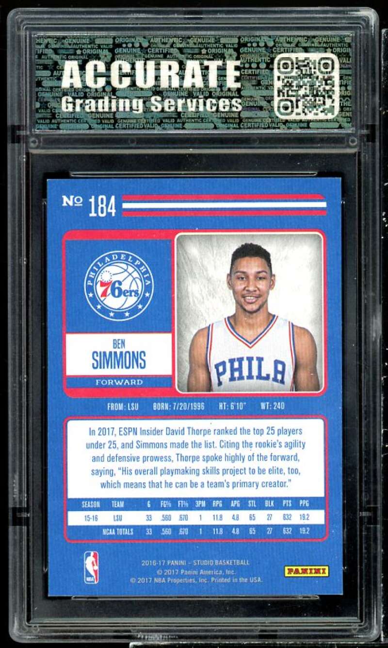 Ben Simmons Rookie Card 2016-17 Panini Studio #184 AGS 10 GEM MT Image 2