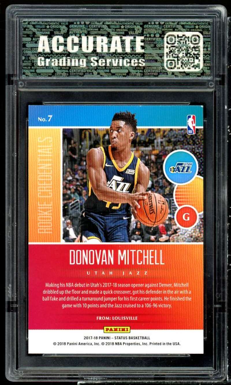 Donovan Mitchell Rookie 2017-18 Panini Status Rookie Credential #7 AGS 10 GEM MT Image 2