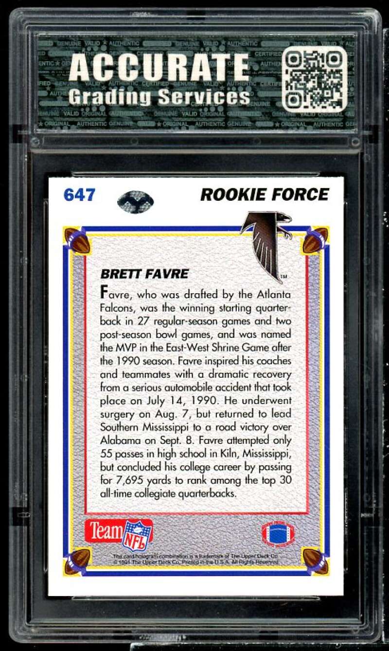 Brett Favre Rookie Card 1991 Upper Deck #647 AGS 8 NM/MT Image 2