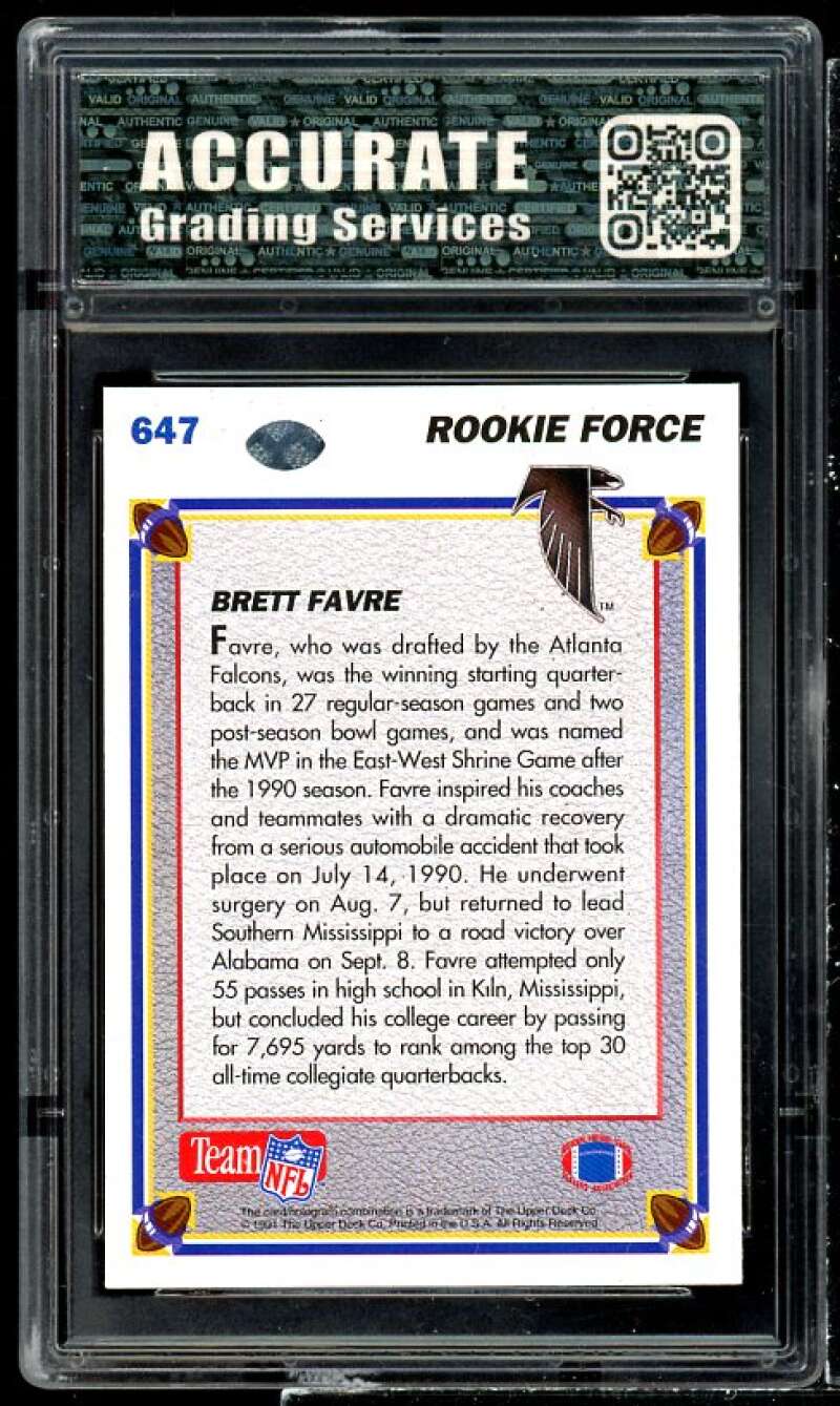 Brett Favre Rookie Card 1991 Upper Deck #647 AGS 9 MINT Image 2