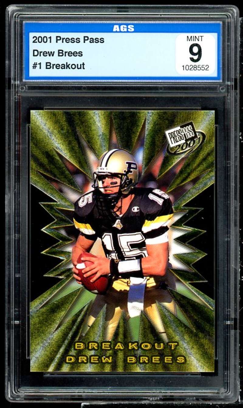 Drew Brees Rookie Card 2001 Press Pass Breakout #1 AGS 9 MINT Image 1