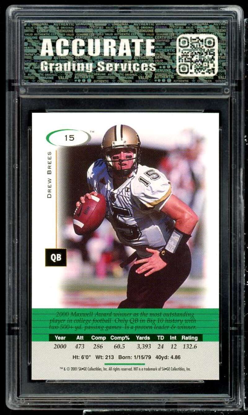 Drew Brees Rookie Card 2001 Sage Hit #15 AGS 10 MINT Image 2