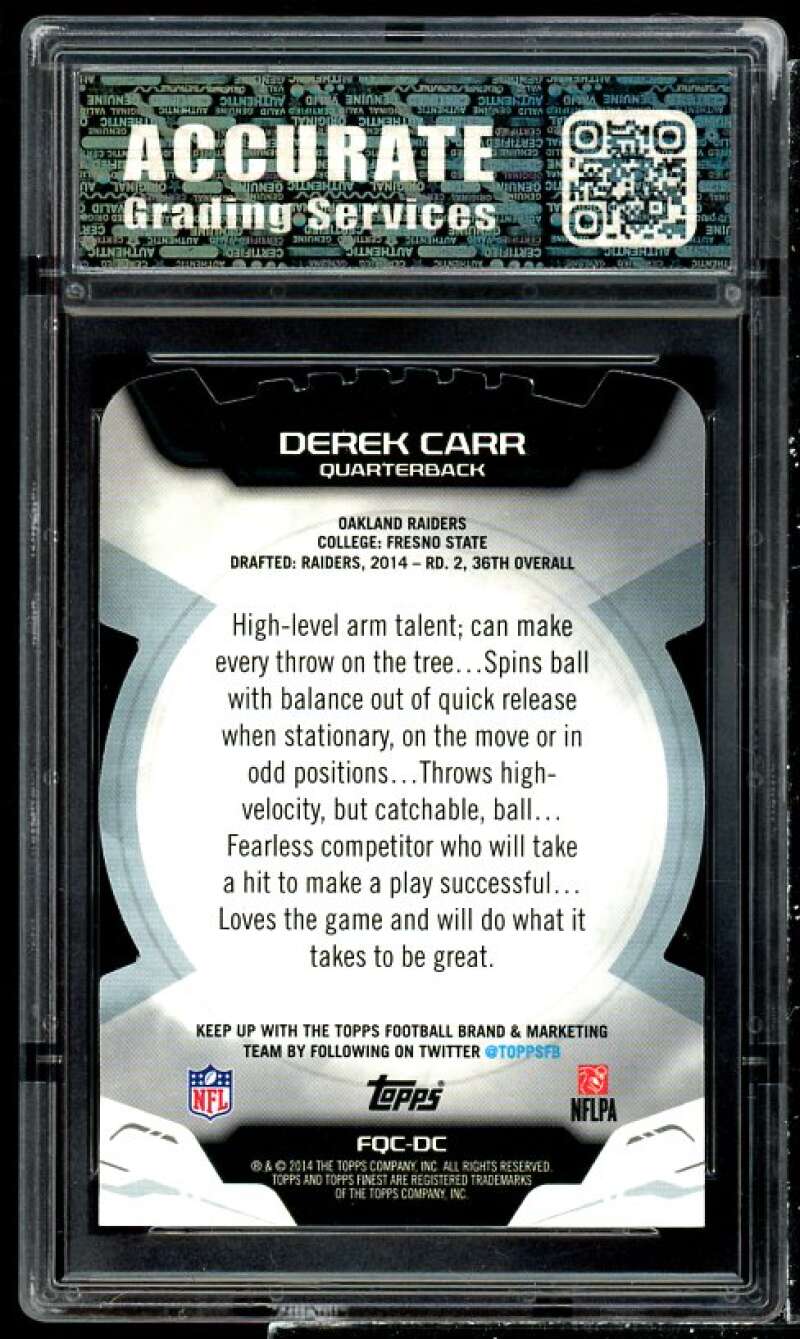 Derek Carr Rookie Card 2014 Finest Finest QB Cuts #FQC-DC AGS 10 GEM MT Image 2