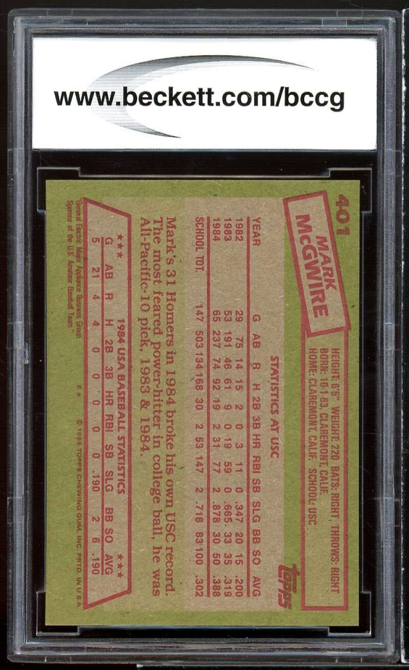 1985 Topps #401 Mark McGwire Rookie Card BGS BCCG 9 Near Mint+ Image 2