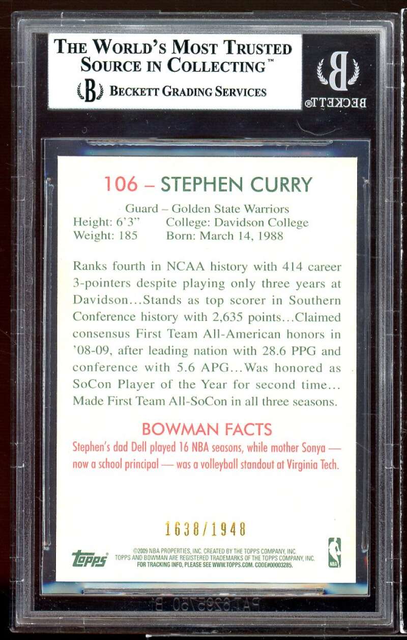 Stephen Curry Rookie Card 2009-10 Bowman 48 Blue #106 BGS 9 (9.5 8.5 9.5 10) Image 2