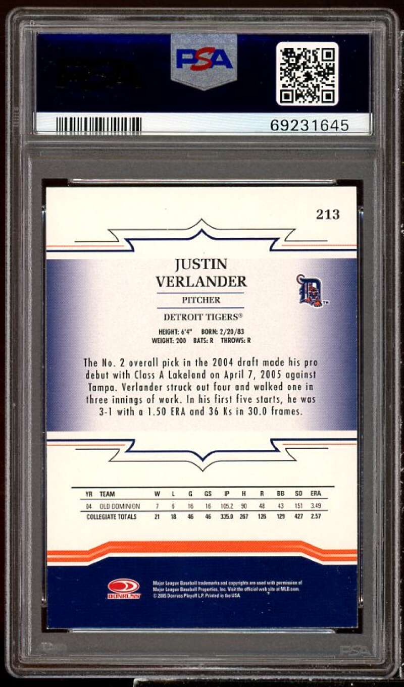 Justin Verlander Rookie Card 2005 Donruss Throwback Threads #213 PSA 9 Image 2