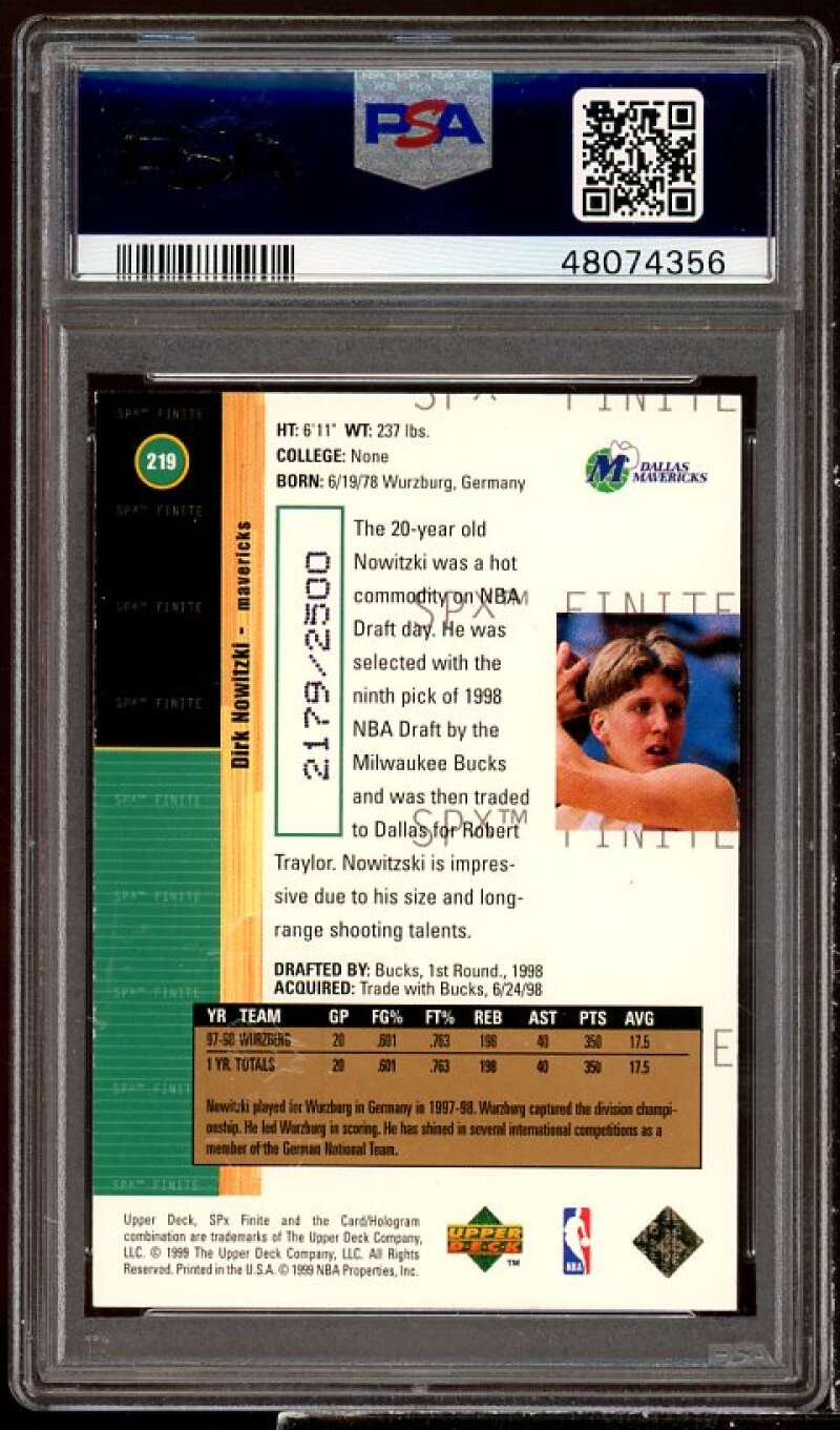 Dirk Nowitzki Rookie Card 1998-99 SPx Finite #219 PSA 8 Image 2