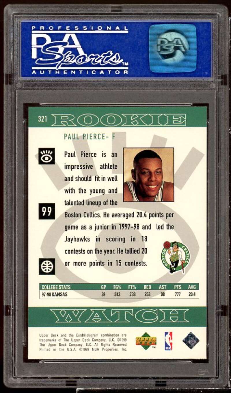 Paul Pierce Rookie Card 1998-99 Upper Deck #321 PSA 9 Image 2