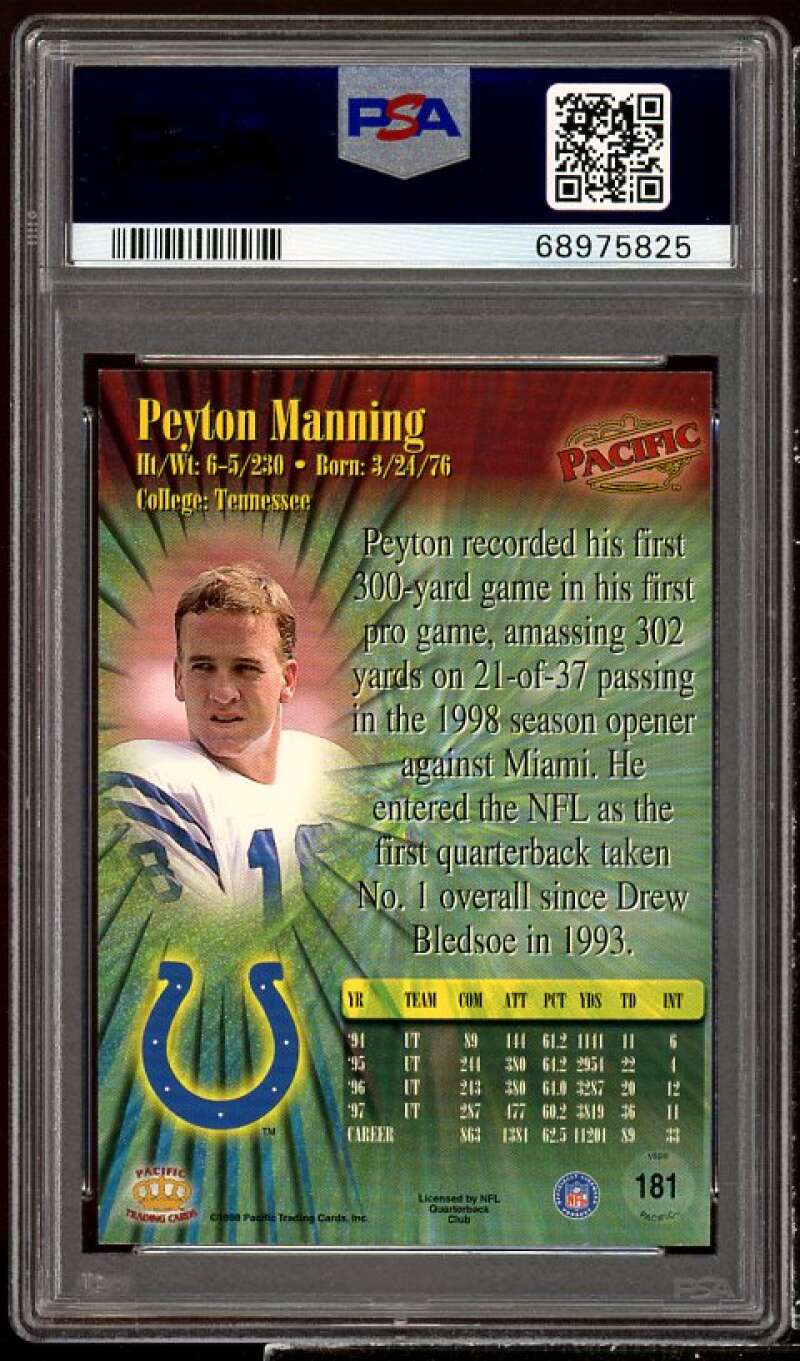 Peyton Manning Rookie Card 1998 Pacific #181 PSA 9 Image 2