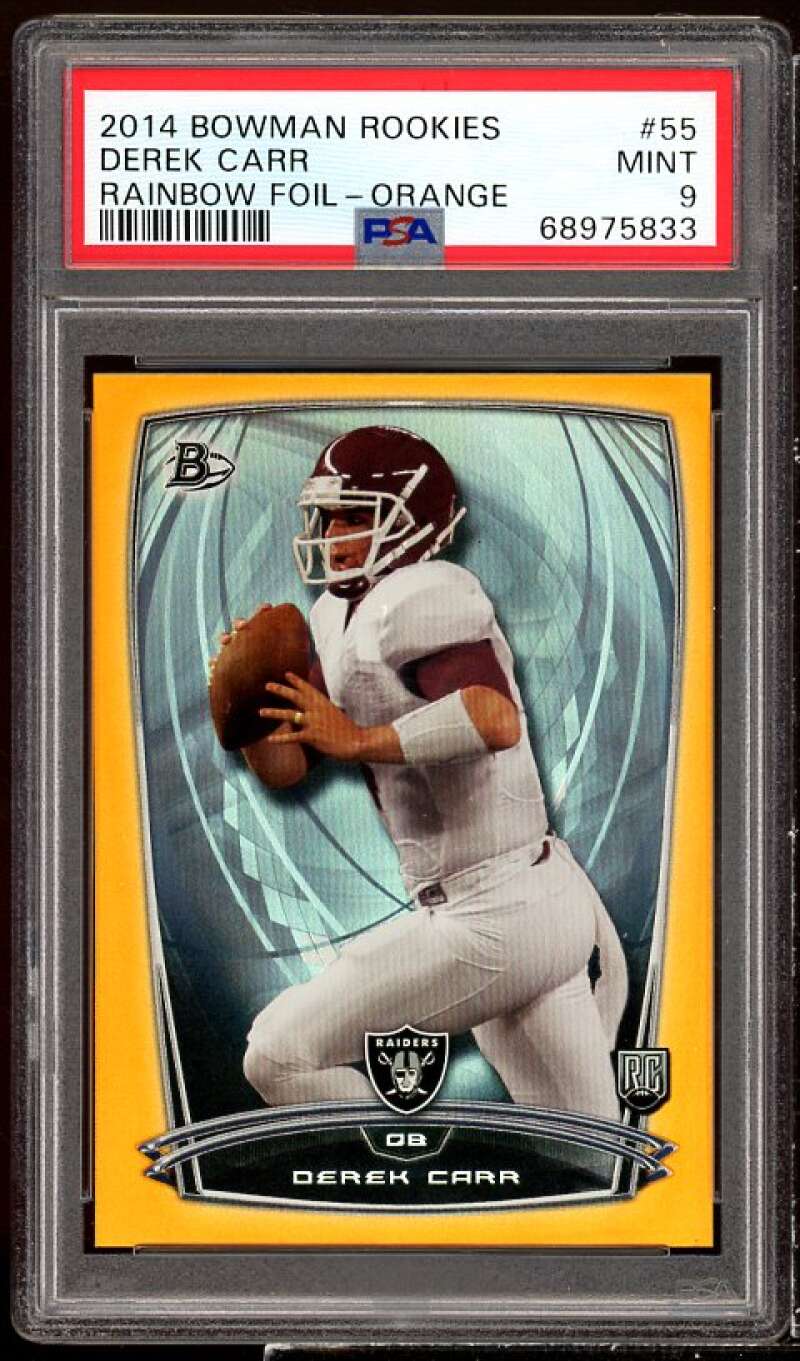 Derek Carr Rookie Card 2014 Bowman Rookies Rainbow Foil Orange #55 PSA 9 Image 1