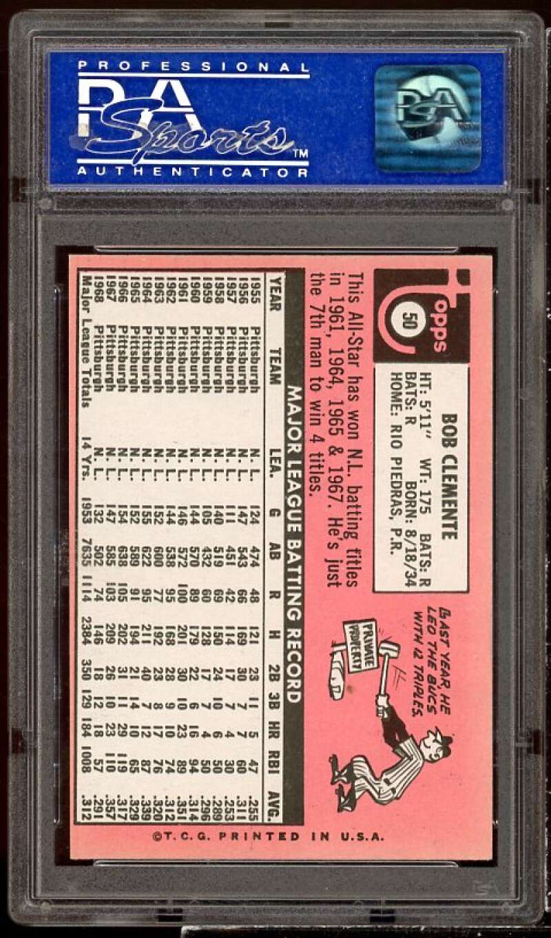 Bob Clemente Card 1969 Topps #50 PSA 8 (oc) Image 2