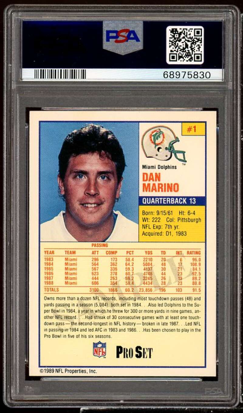 Dan Marino Card 1988 Pro Set Test #1 PSA 9 Image 2