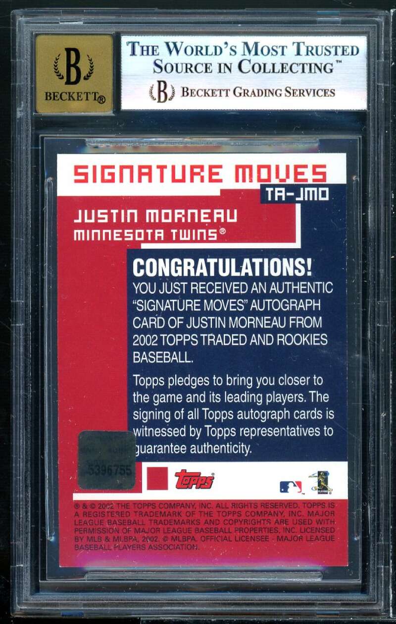 Justin Morneau Rookie Card 2002 Topps Traded Signature #JM BGS 9 (9.5 8.5 9 9.5) Image 2