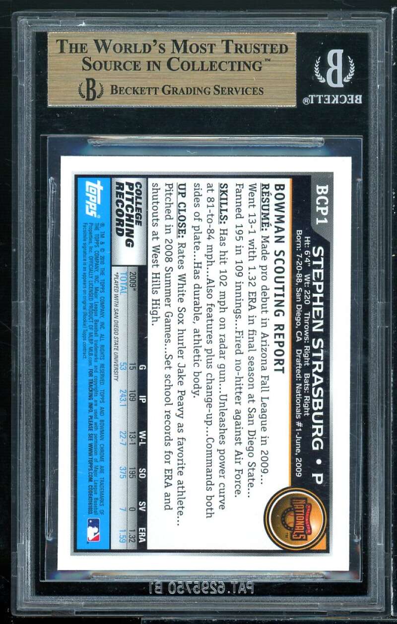 Stephen Strasburg Rookie Card 2010 Bowman Chrome Prospects #BCP1 BGS 9.5 Image 2