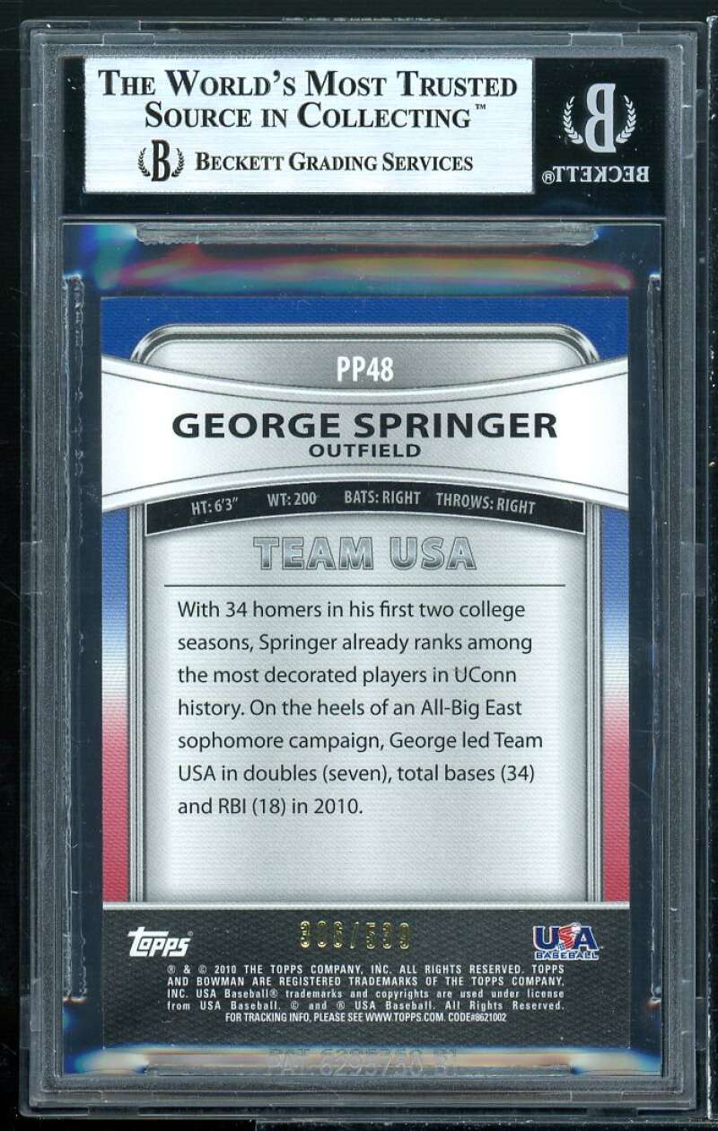 George Springer Rookie 2010 Bowman Platinum Prospects Gold Ref Thick #PP48 BGS 9 Image 2