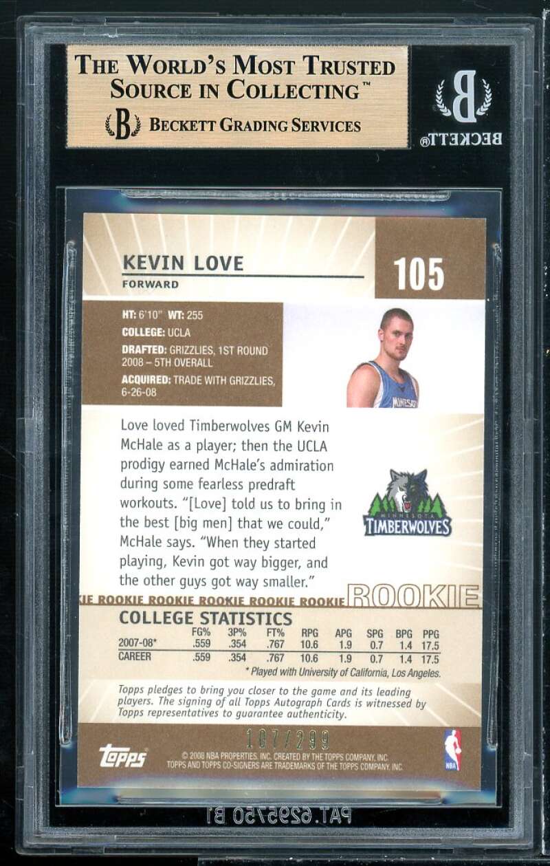 Kevin Love Rookie Card 2008-09 Topps Co-Signers Bronze (pop 4) #105 BGS 9.5 Image 2