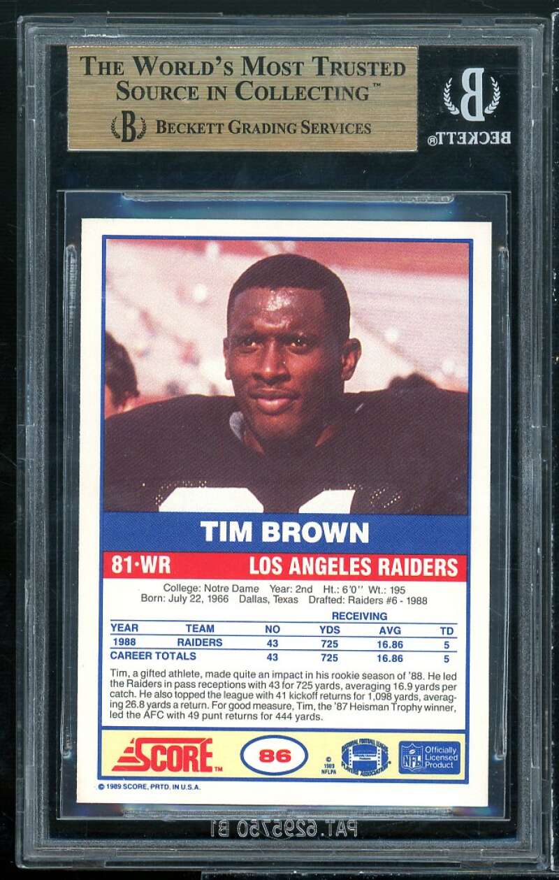 Tim Brown Rookie Card 1989 Score #86 BGS 9.5 (9.5 9 9.5 9.5) Image 2