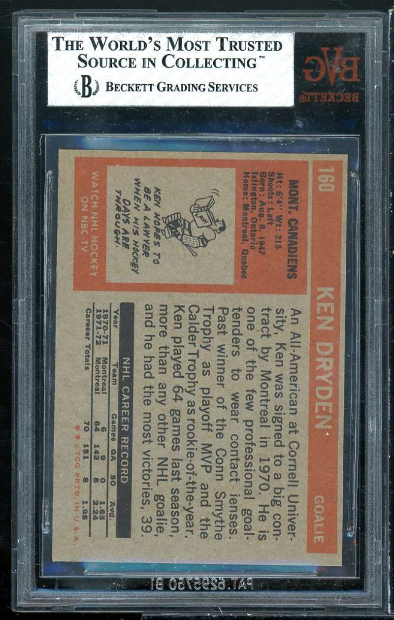 Ken Dryden Card 1972-73 Topps #160 BGS 8 Image 2