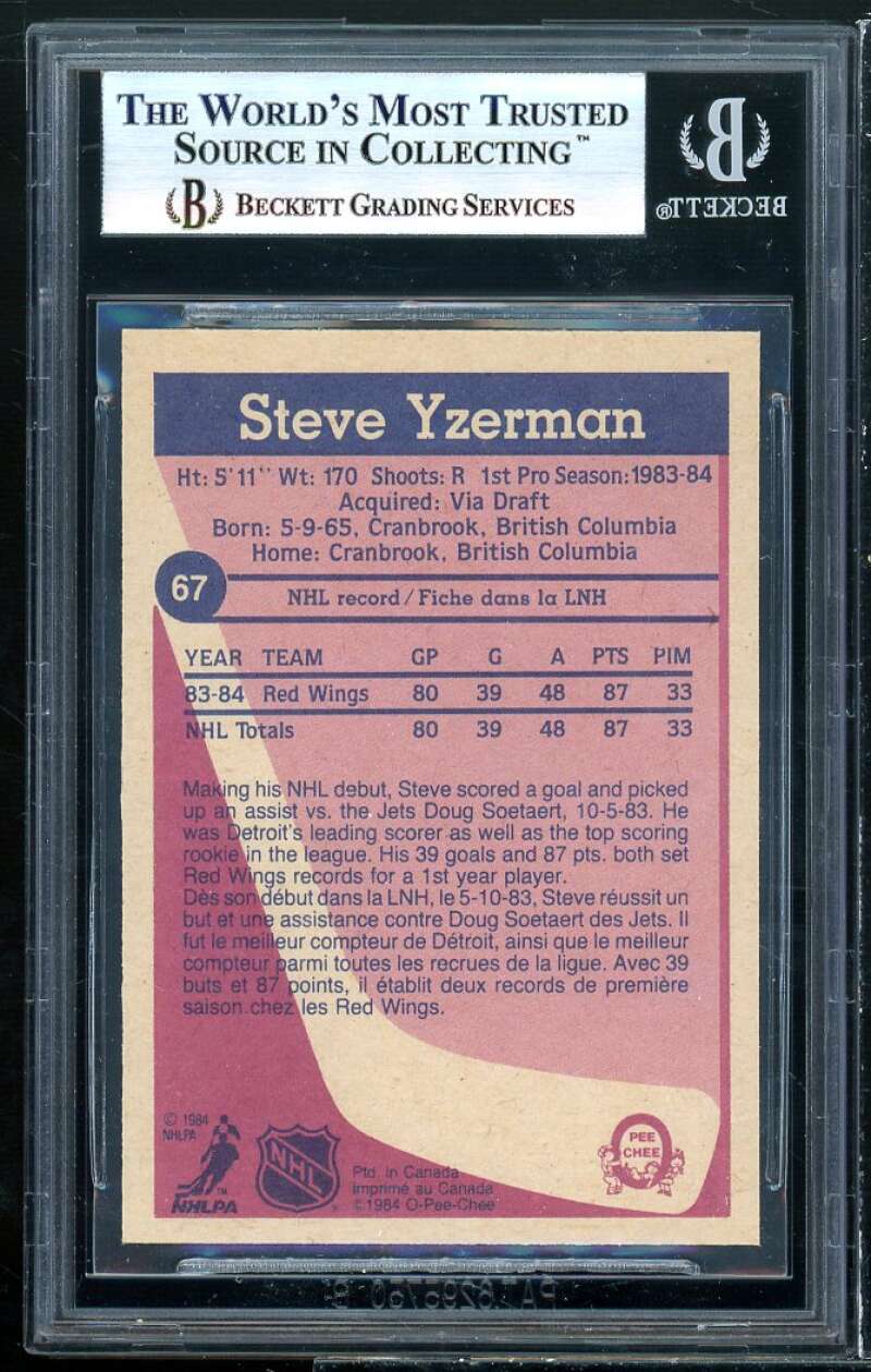 Steve Yzerman Rookie Card 1984-85 O-Pee-Chee #67 BGS 9 Image 2