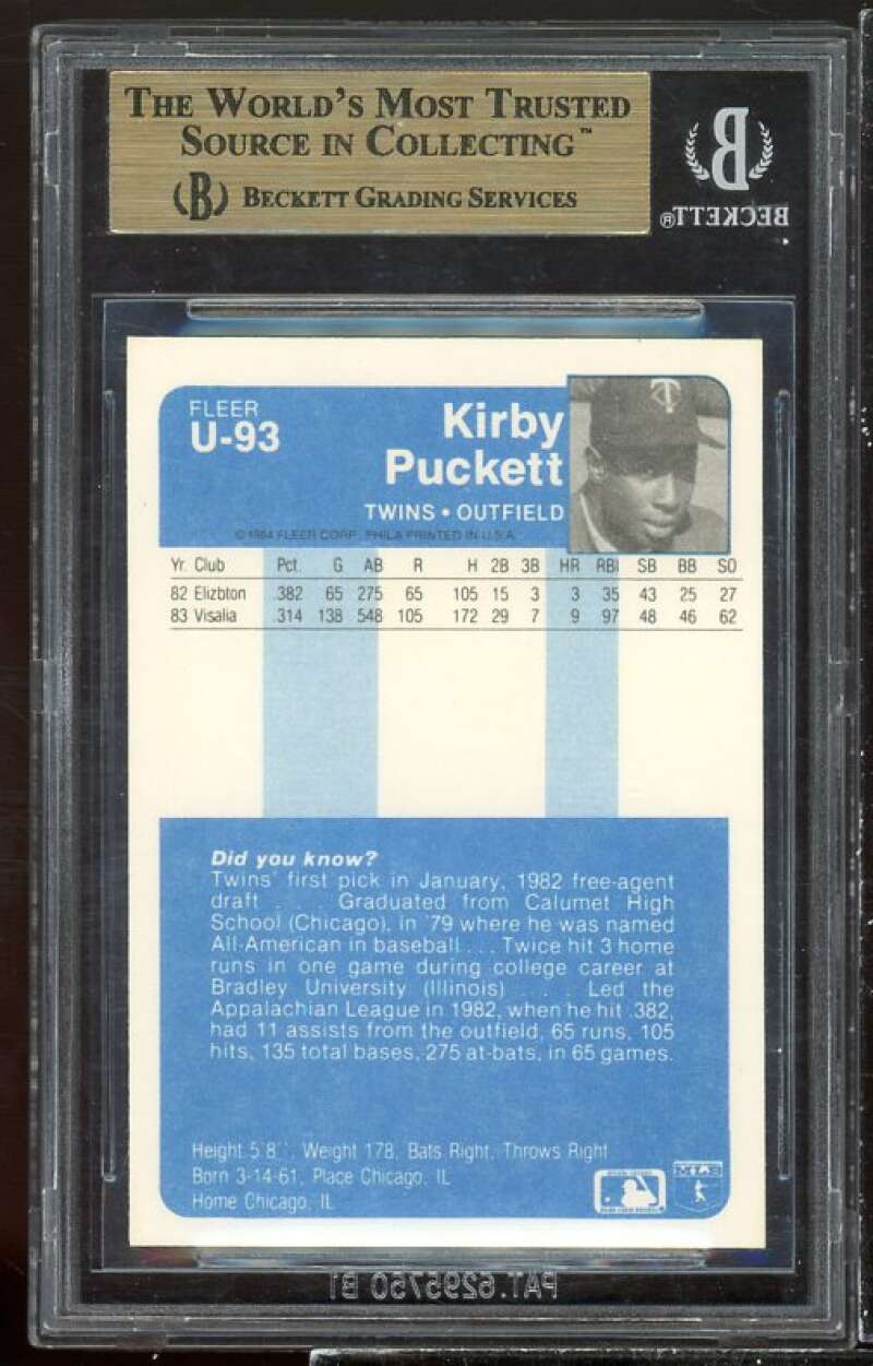 Kirby Puckett Rookie Card 1984 Fleer Update #U-93 BGS 9.5 (9.5 10 9.5 9.5) Image 2