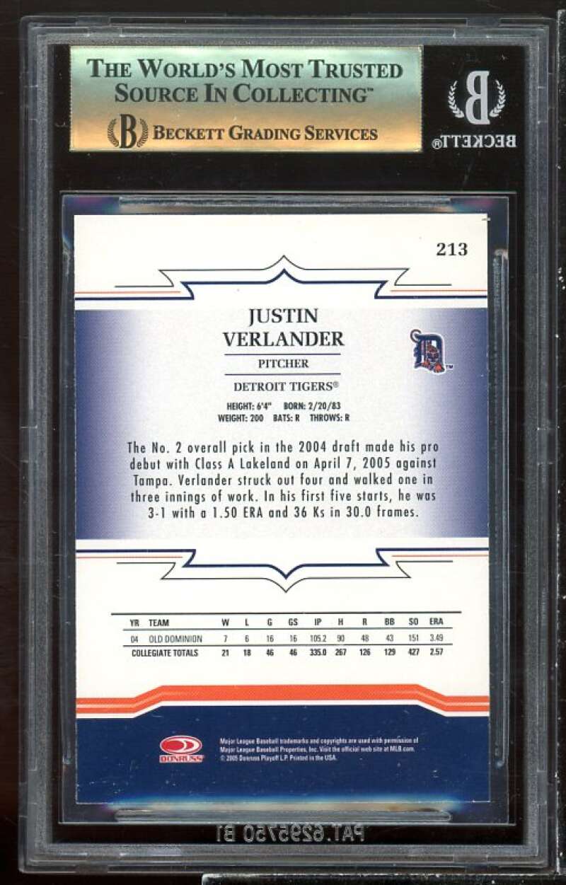 Justin Verlander Rookie Card 2005 Throwback Threads #213 BGS 9.5 Image 2