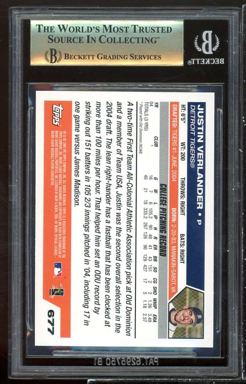 Justin Verlander Rookie Card 2005 Topps #677 BGS 9.5 (9 9.5 9.5 9.5) Image 2